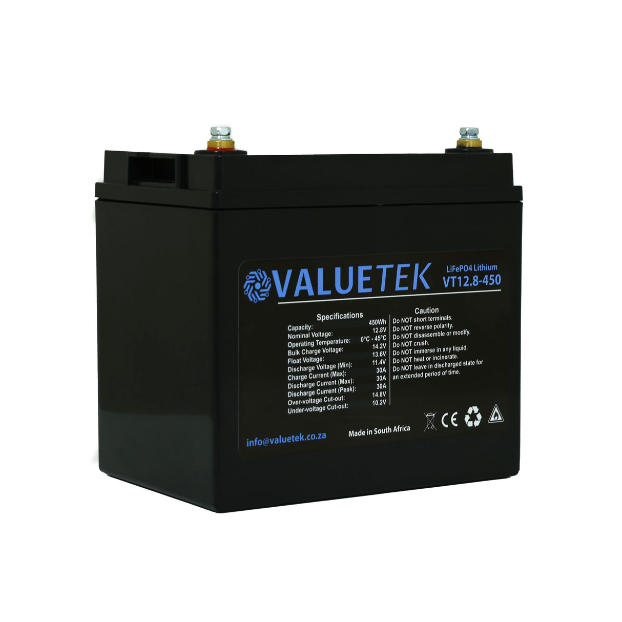 A black Valuetek 12V 36A LiFePO4 battery with brand labeling and specifications printed on the side.