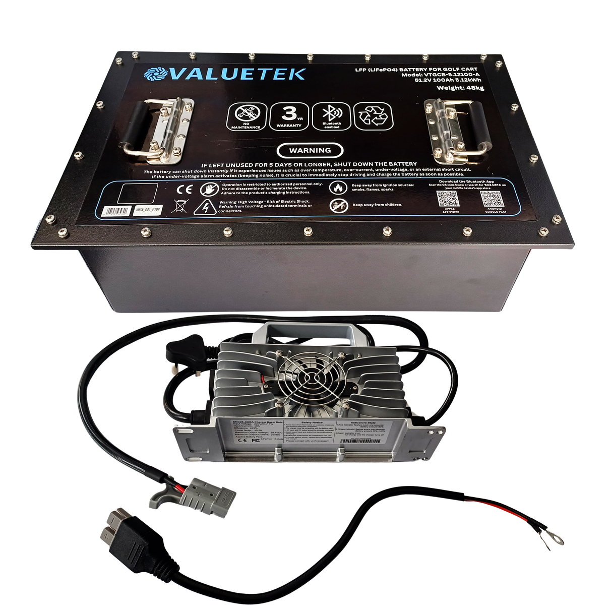 A golf cart battery and charger kit by ValueTek, with the battery having a powder-coated steel housing and the charger connected by a black cable.