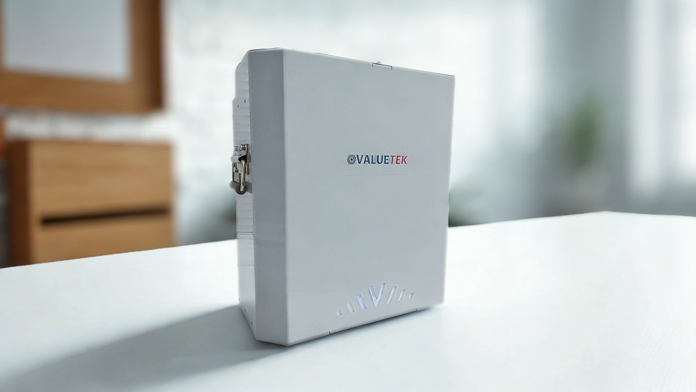 White wall mount battery with Valuetek branding on a light surface