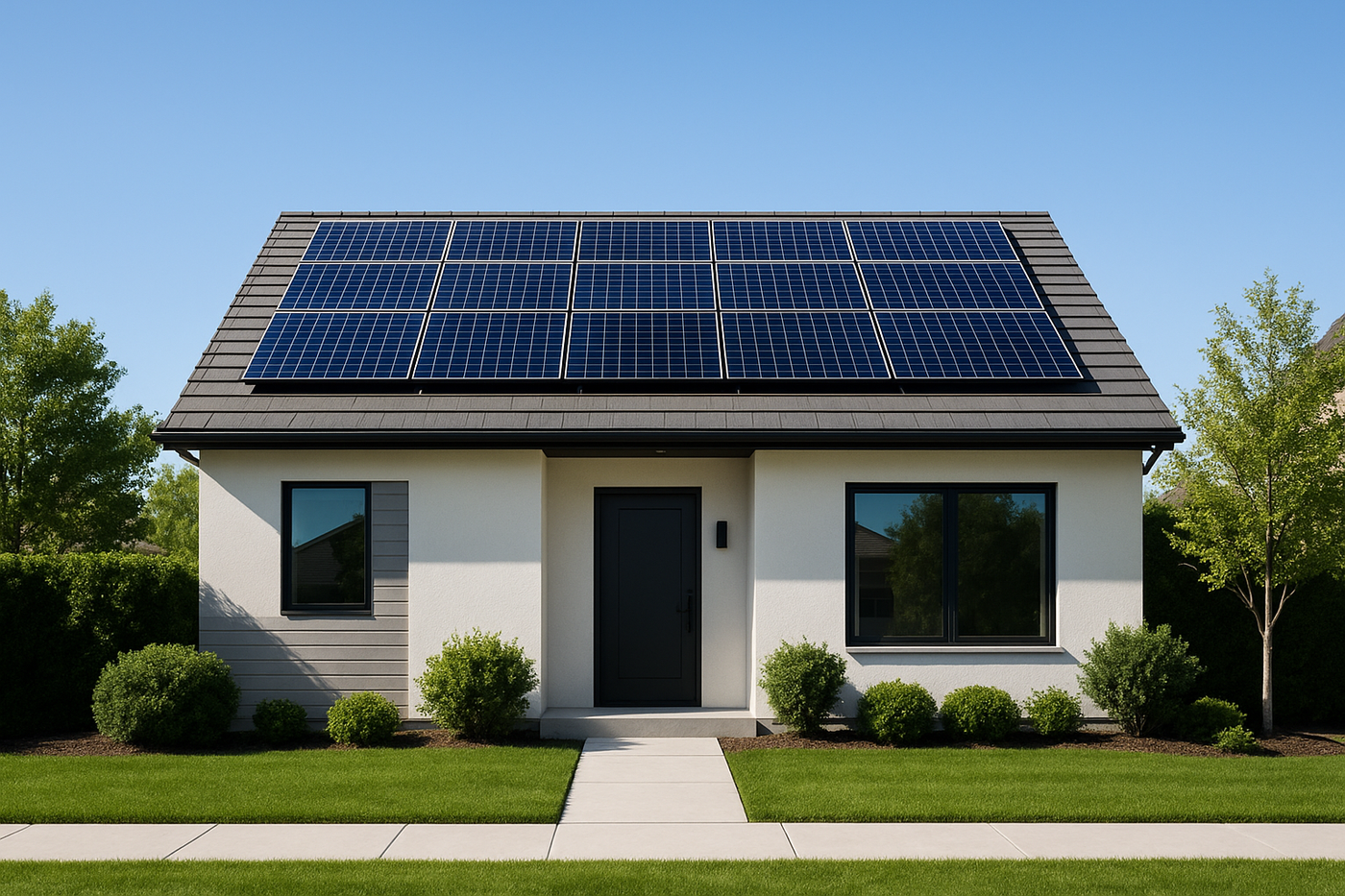 Front view of house with solar panels on the roof