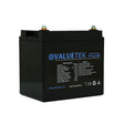 A black Valuetek 12V 36A LiFePO4 battery with brand labeling and specifications printed on the side.