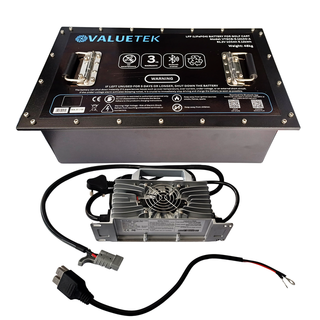 A golf cart battery and charger kit by ValueTek, with the battery having a powder-coated steel housing and the charger connected by a black cable.