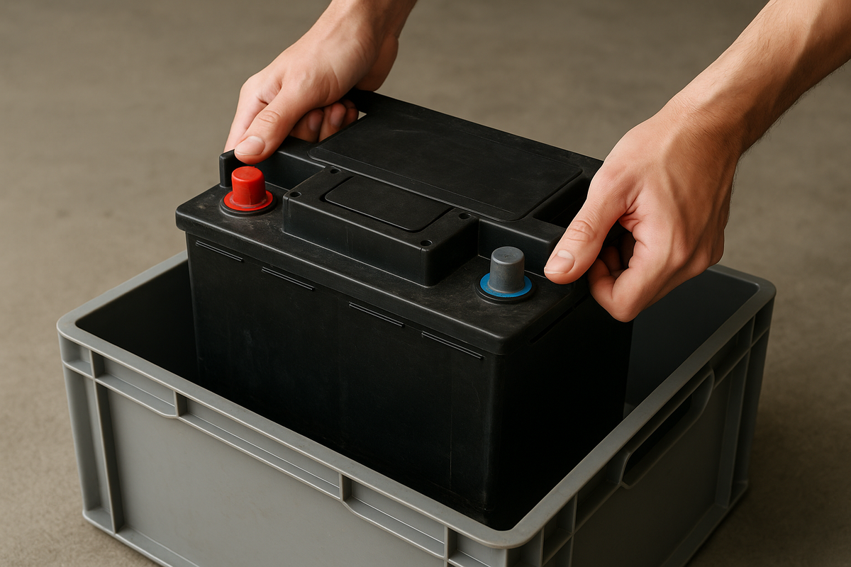 Hands removing large battery from container