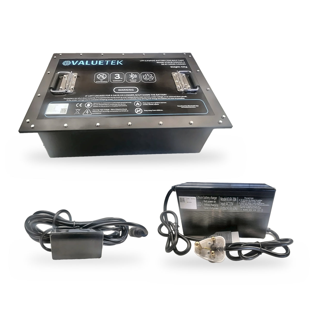 KIT: 38.4V 100Ah 3.84kWh LiFePO4 Bluetooth Golf Cart Battery & 36V 20A Charger
